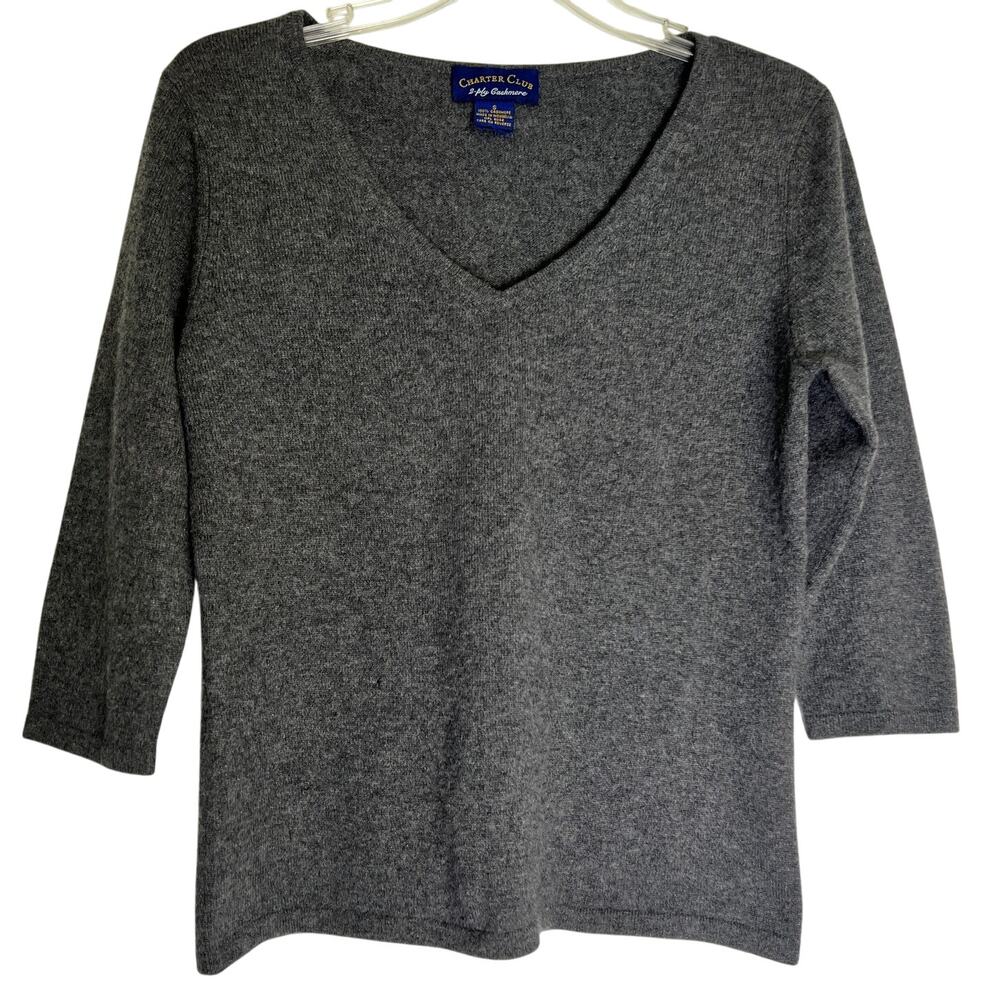 Charter Club 2 Ply Cashmere 3/4 Sleeve V-Neck Pullover Sweater Women's S Gray